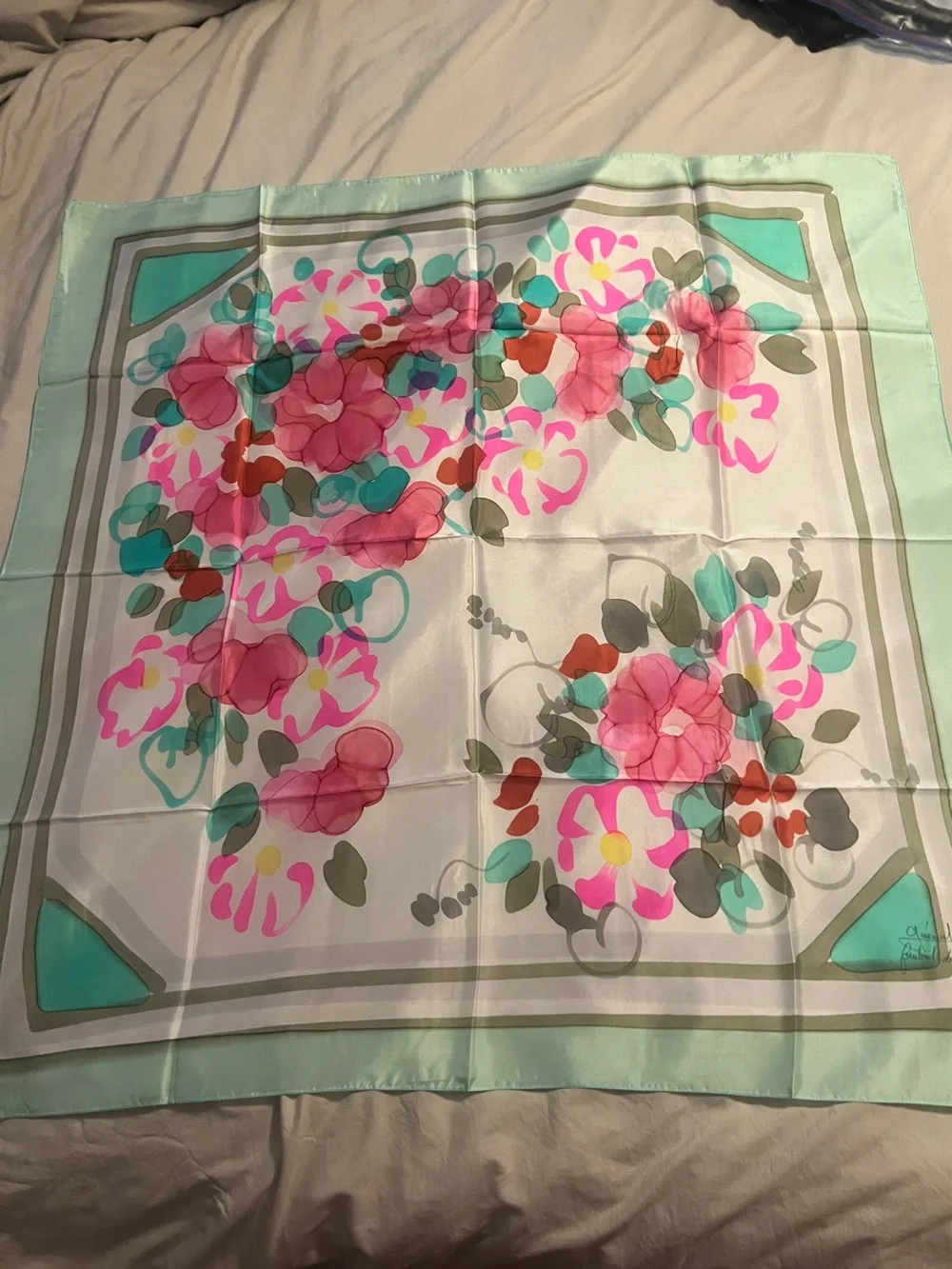 Vintage hand painted silk scarf from Lyon France- floral watercolor signed